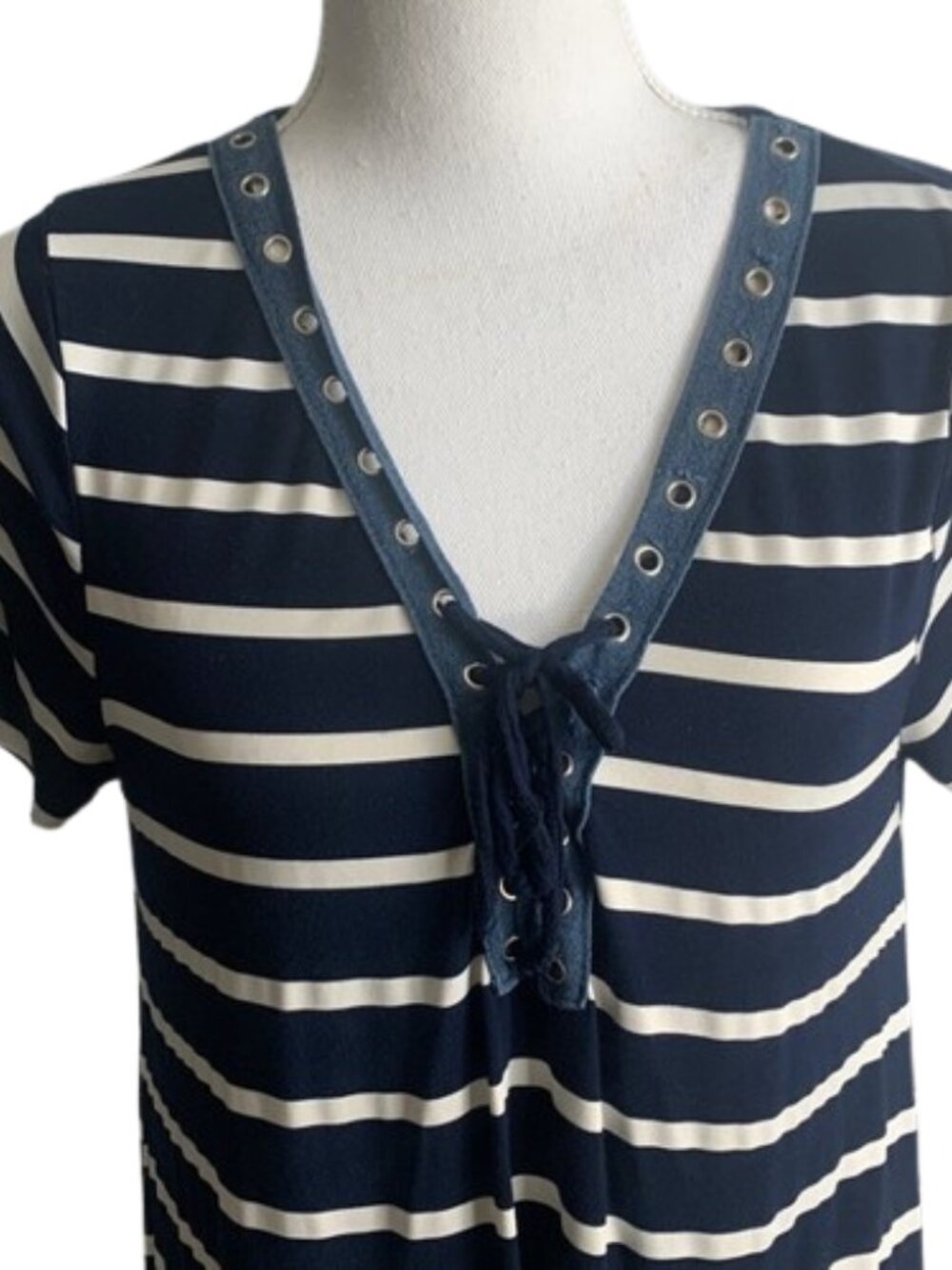 Navy and White Striped V-Neck T-Shirt Dress